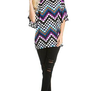 Azules Chevron Multi-Color Curve Neck Bell Sleeve Popover Small Top